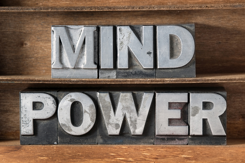 Mind Power Phrase Made From Metallic Letterpress Type On Wooden Tray
