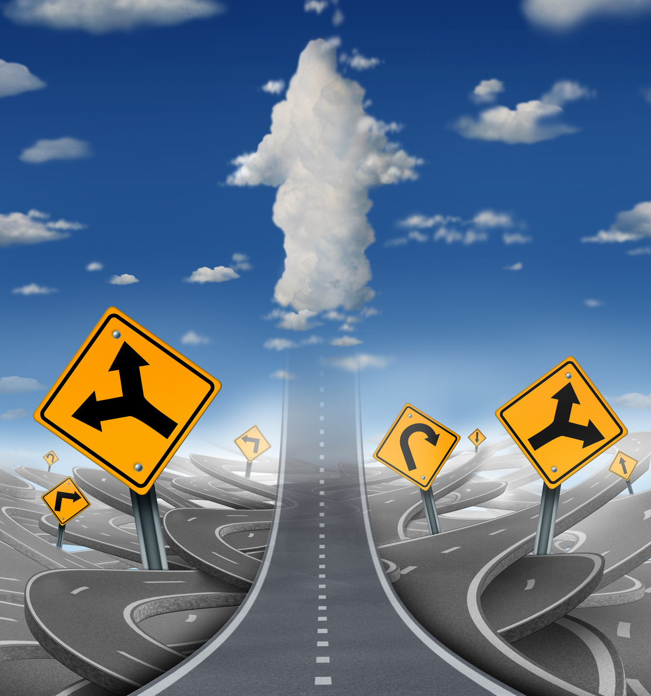 Focused Determination Success Concept With A Road Or Highway Going Forward Away From A Group Of Confusing Distractions Fading Into The Sky With Clouds Shaped As An Upward Arrow As A Business Symbol Of Financial Freedom.