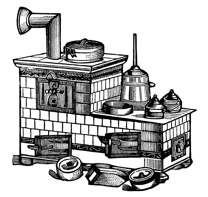 Antique 19th-century Engraving Of A Kitchen Oven (isolated On White). Published In Specimens Des Divers Caracteres Et Vignettes Typographiques De La Fonderie By Laurent De Berny (Paris, 1878).